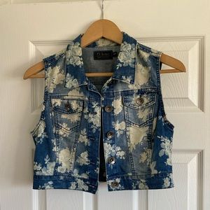 Cropped Denim Vest / Floral Print / Medium